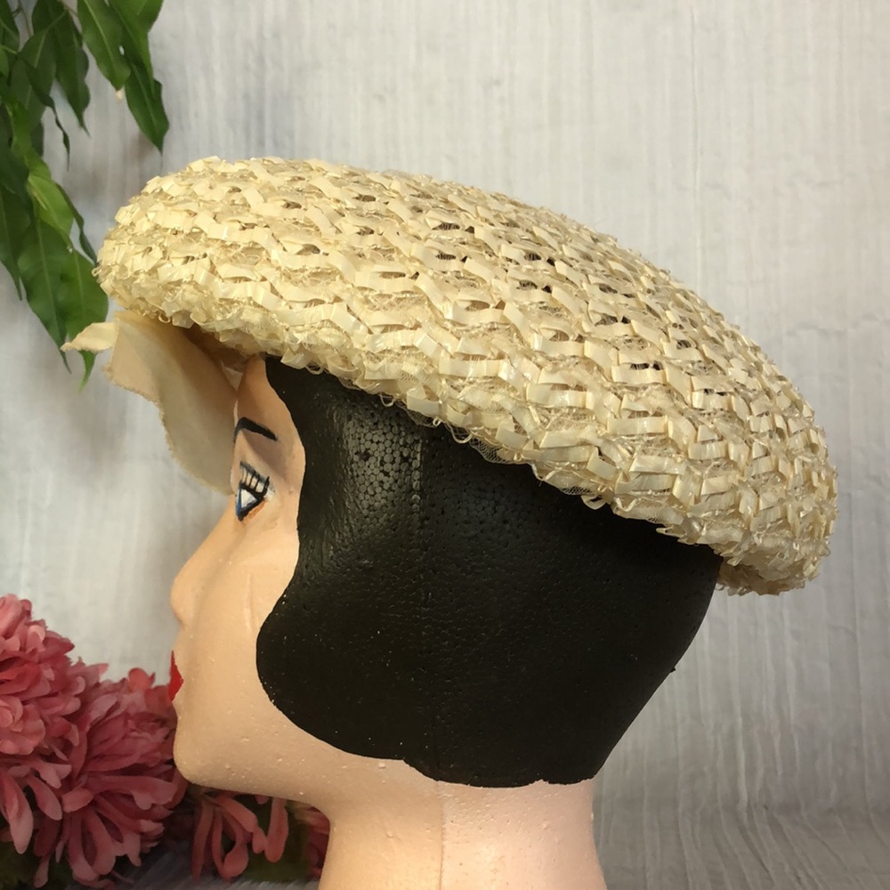 Vintage cream Jean Sutton beret woven womans hat with large front bow - Picture 5 of 10